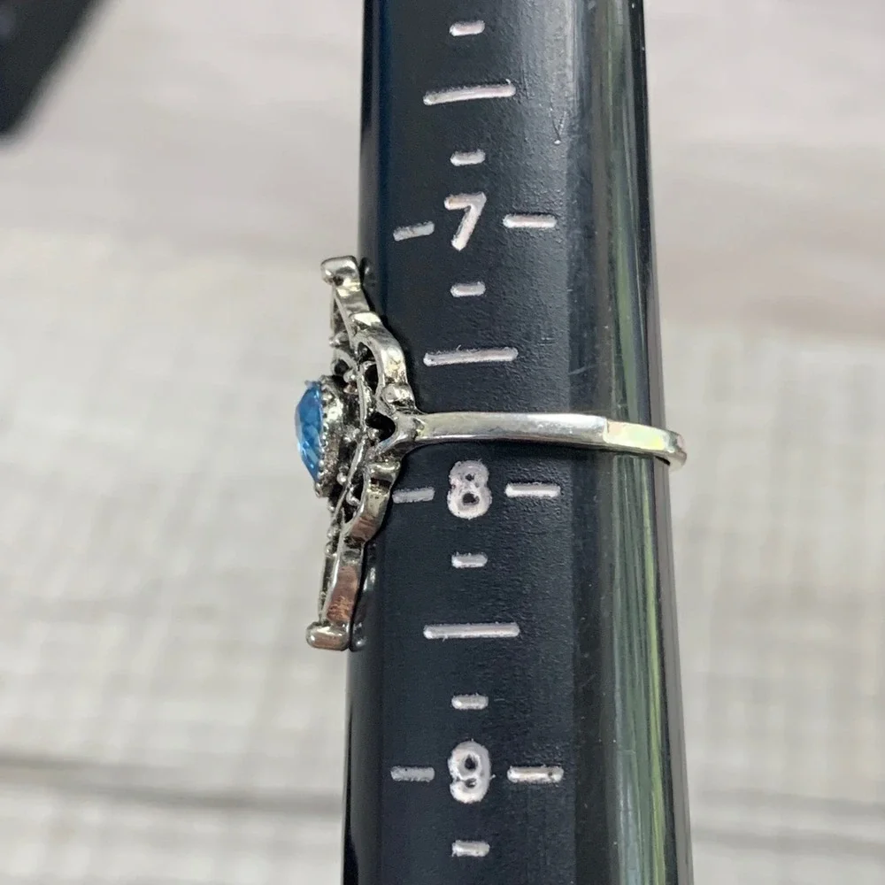 Boho Silver Tone Filigree Pear Cut Blue Stone Ring Size 7.75 Vintage Style 4623